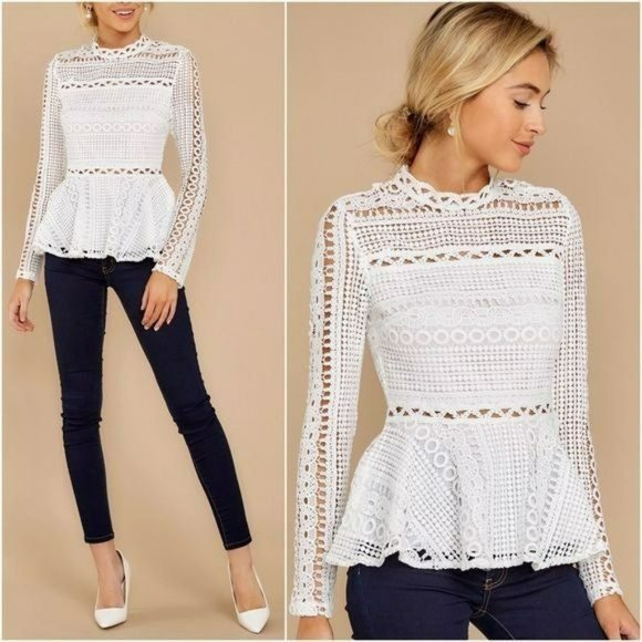Elegant white thick Lace peplum Blouse long sleeves size 2X non stretch - Picture 1 of 5